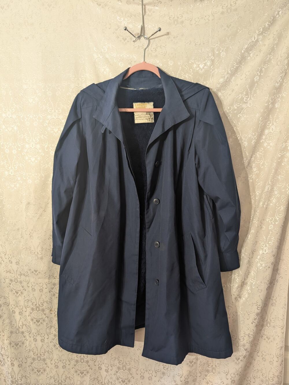 Vintage 80s London Towne London Fog Navy Blue Trench Coat Hooded